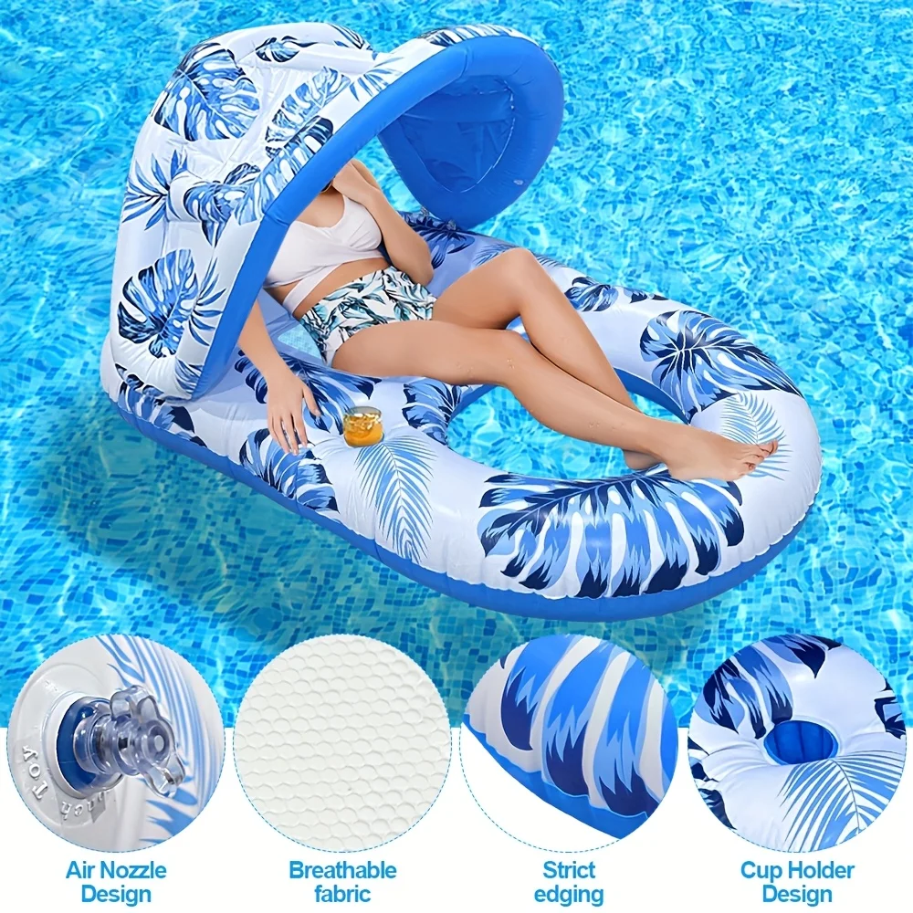 1pc Tropical Leaf Design Inflatable Pool Float with Dual Mesh Pockets and Lounger Swimming Pool Party Fun Water Floating Seat