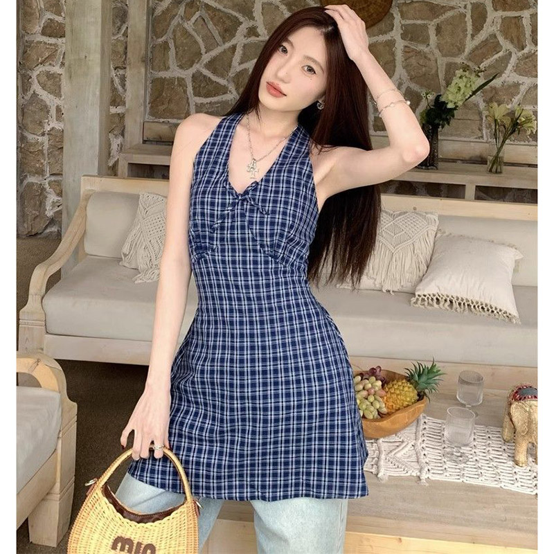 2026 Women Summer Vintage Mini Dress Lady New Fashion V-Neck Blue Plaid Short Dress Female Cute Vibrant Date Dress