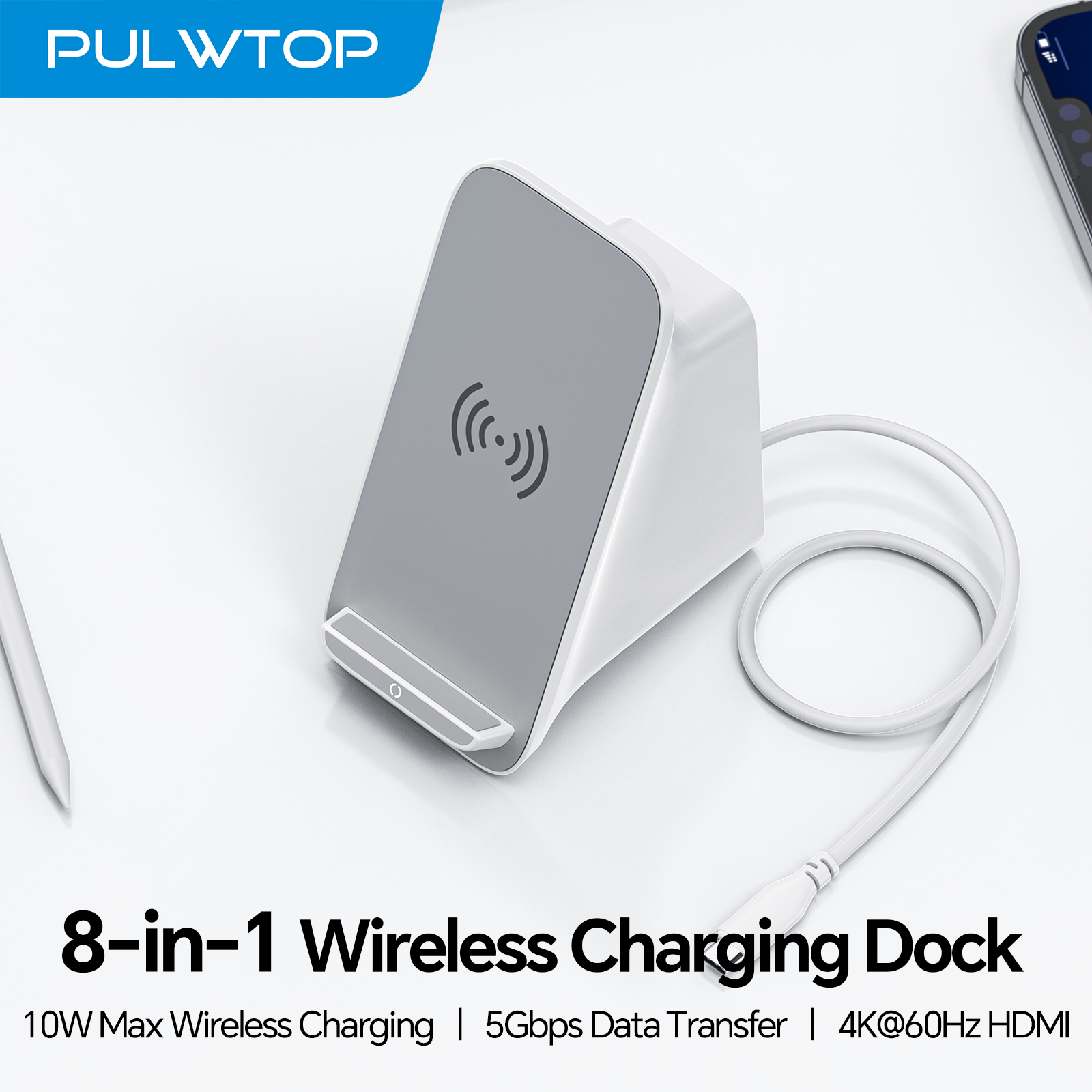 PULWTOP 8-IN-1 Laptop Docking Station with 10W Max Wireless Charging Pad, HDMI 4K@60Hz, USB A/C, PD100W, RJ45 for MacBook/Laptop