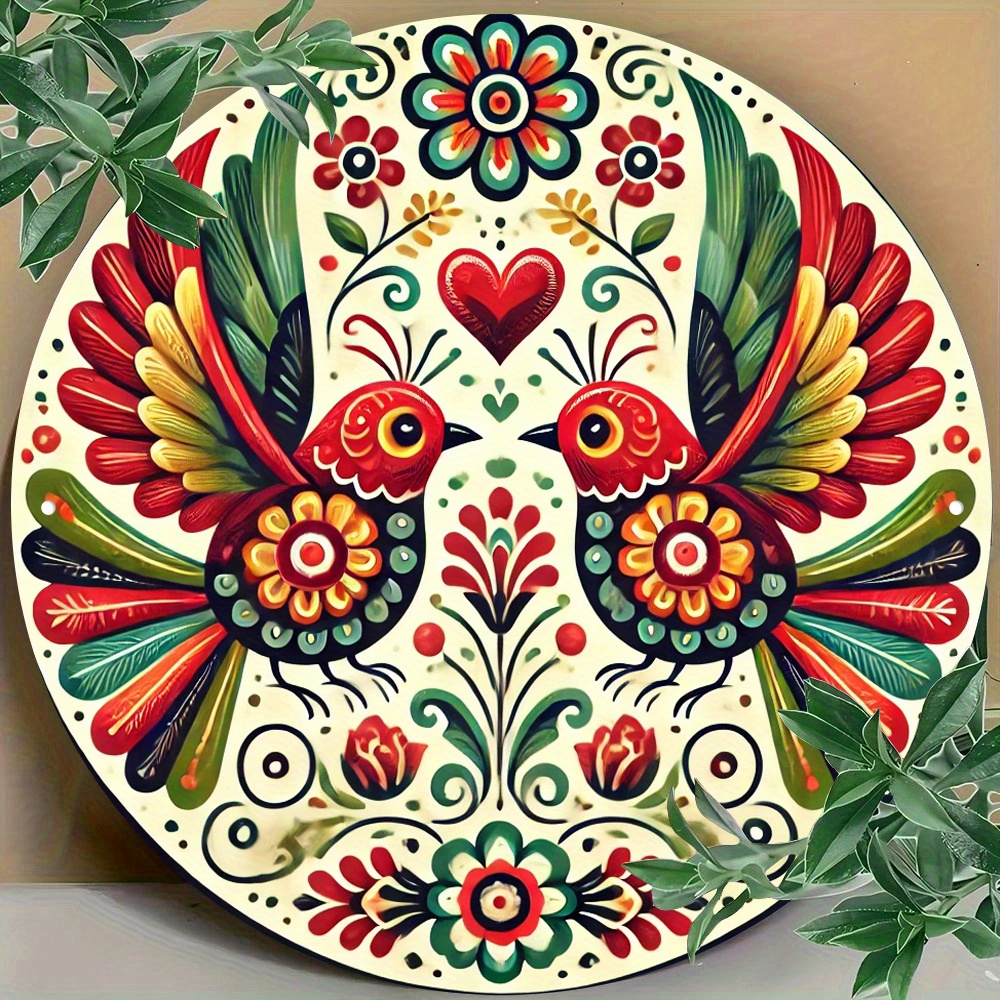 Vintage "Birds and Flowers" Round Metal Wall Art Aluminum, Colorful Painted Design with Detailed Floral and Avian Patterns