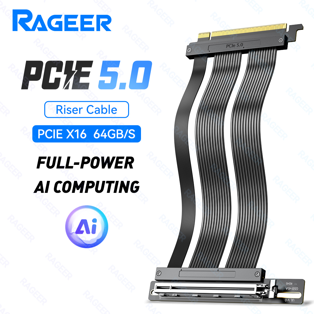 RAGEER PCIe 5.0 X16 Riser Cable 64Gbps for 50/40/RX 9070/ RTX5090 Series Usable with 4.0 for Vertical GPU Mount Plug and play