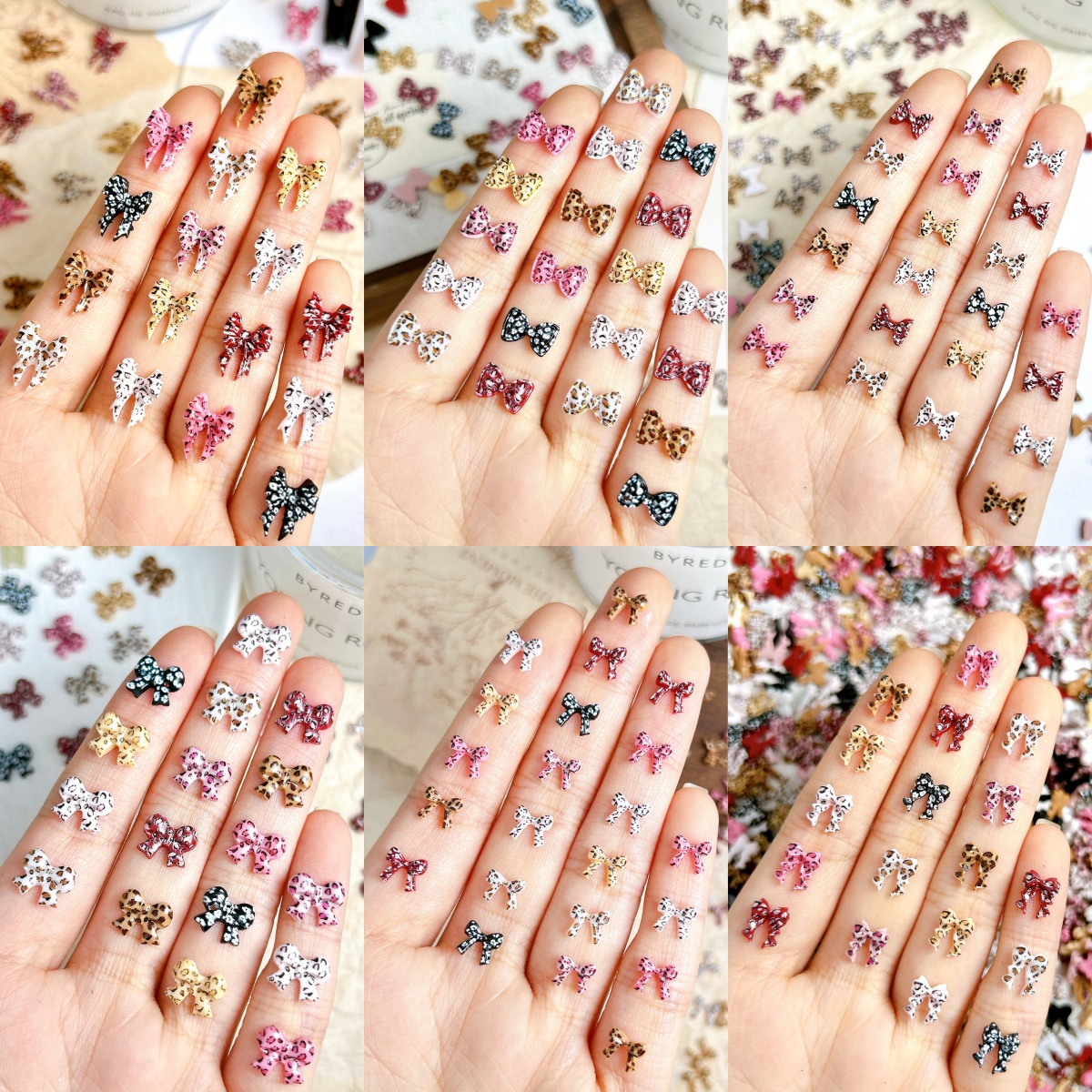 30PCS Multiple Style Sweet Ribbon Bow Resin Nail Charms Creative Autumn Winter Leopard Print Heart Tie Nail Art Decorations DIY