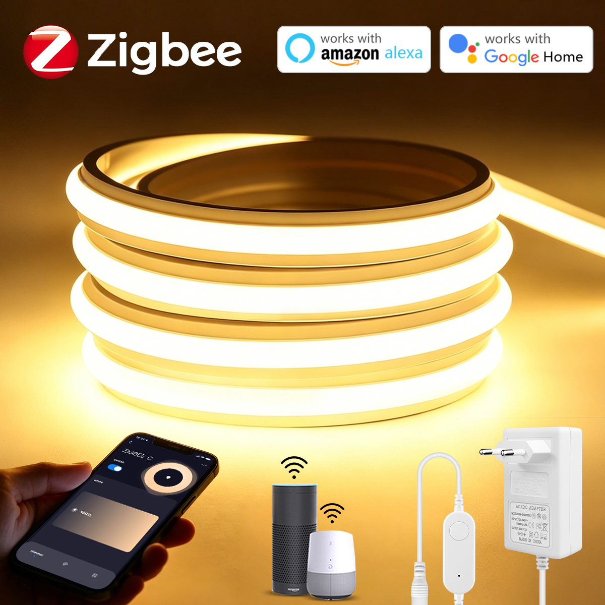 Zigbee Tuya 24V COB LED Strip Light Dimmable Neon Silicone Gel Tape Waterproof Under Cabinet Kitchen Closet Backlight Decoration
