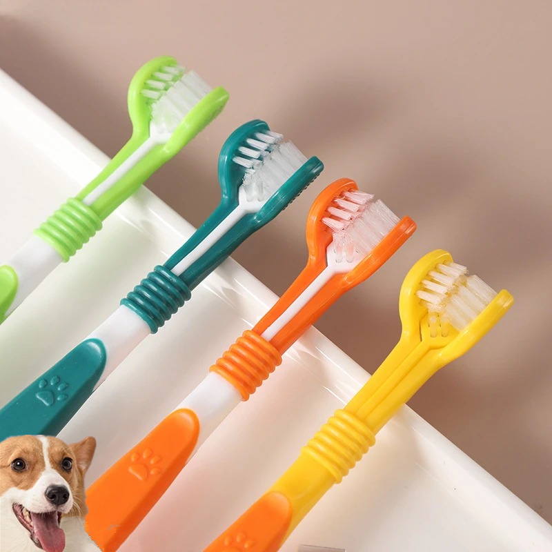 4pcs Colorful 3 Sided Dog Toothbrush Set Triple Head Pet Dental Brush for Small Medium Large Dogs Oral Care Cleaning Tool