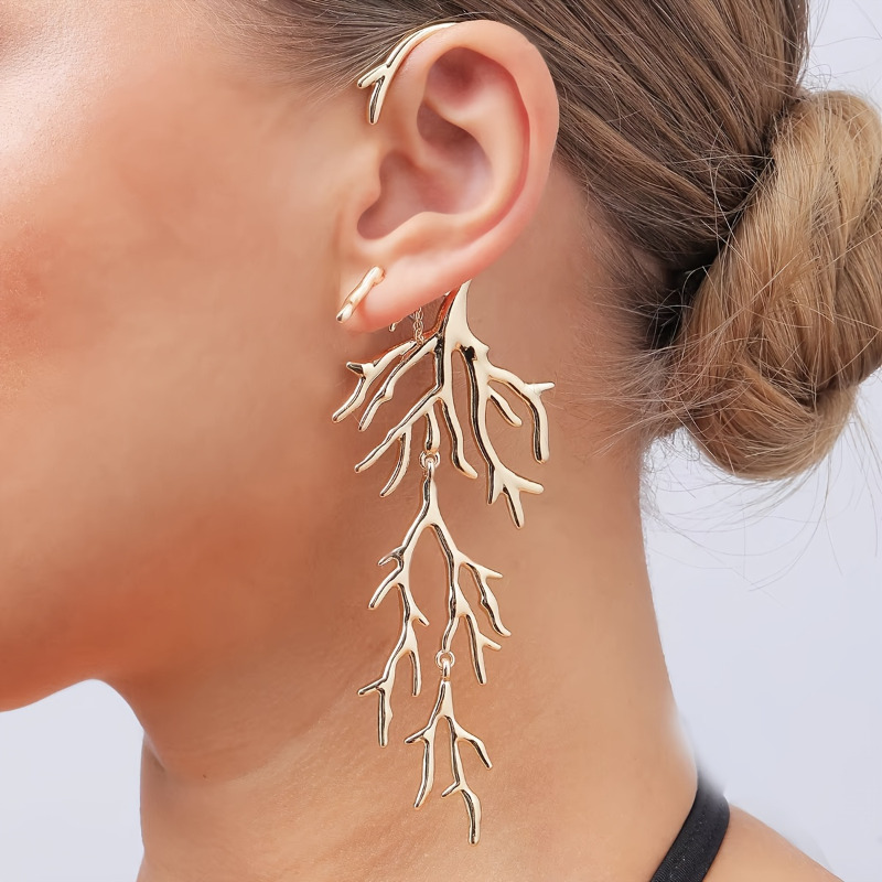 2026 New Trend Fashion Gold Color Alloy Coral Left Right Asymmetric Large Earrings for Women Party Accessories