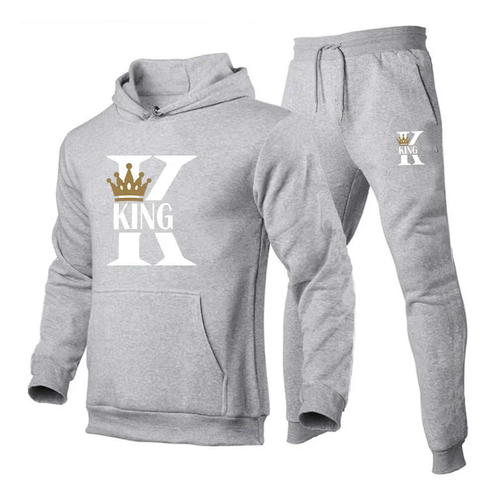 KING Printed Hoodies Suit Men's Casual Sweatershirts Pants Set Fashion Fleece Autumn Winter Jogging Pullover Sweatpants Clothing