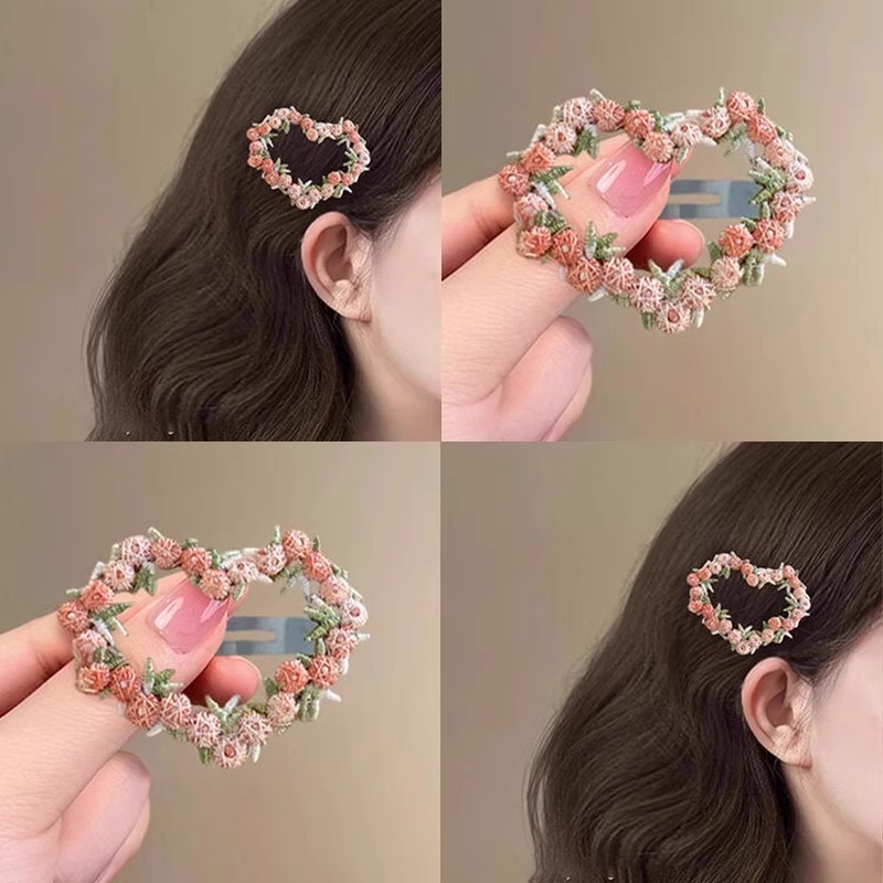 Pink flower hairpin, new style, sweet and cute heart-shaped hairpin, side bangs hairpin, headwear
