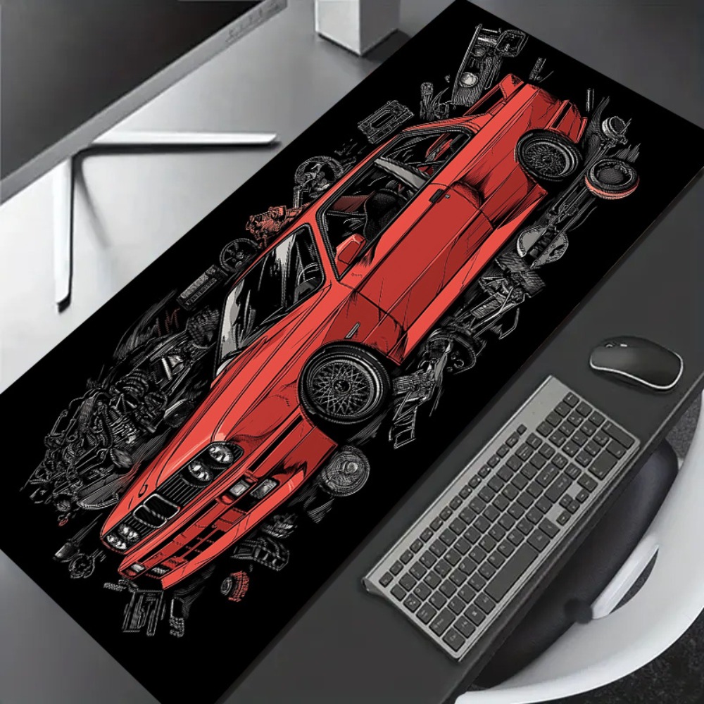 Red Car Blue Accents Automotive Large Desk Mat Non-Slip Washable Ergonomic Gift for Birthday Christmas Office Gaming