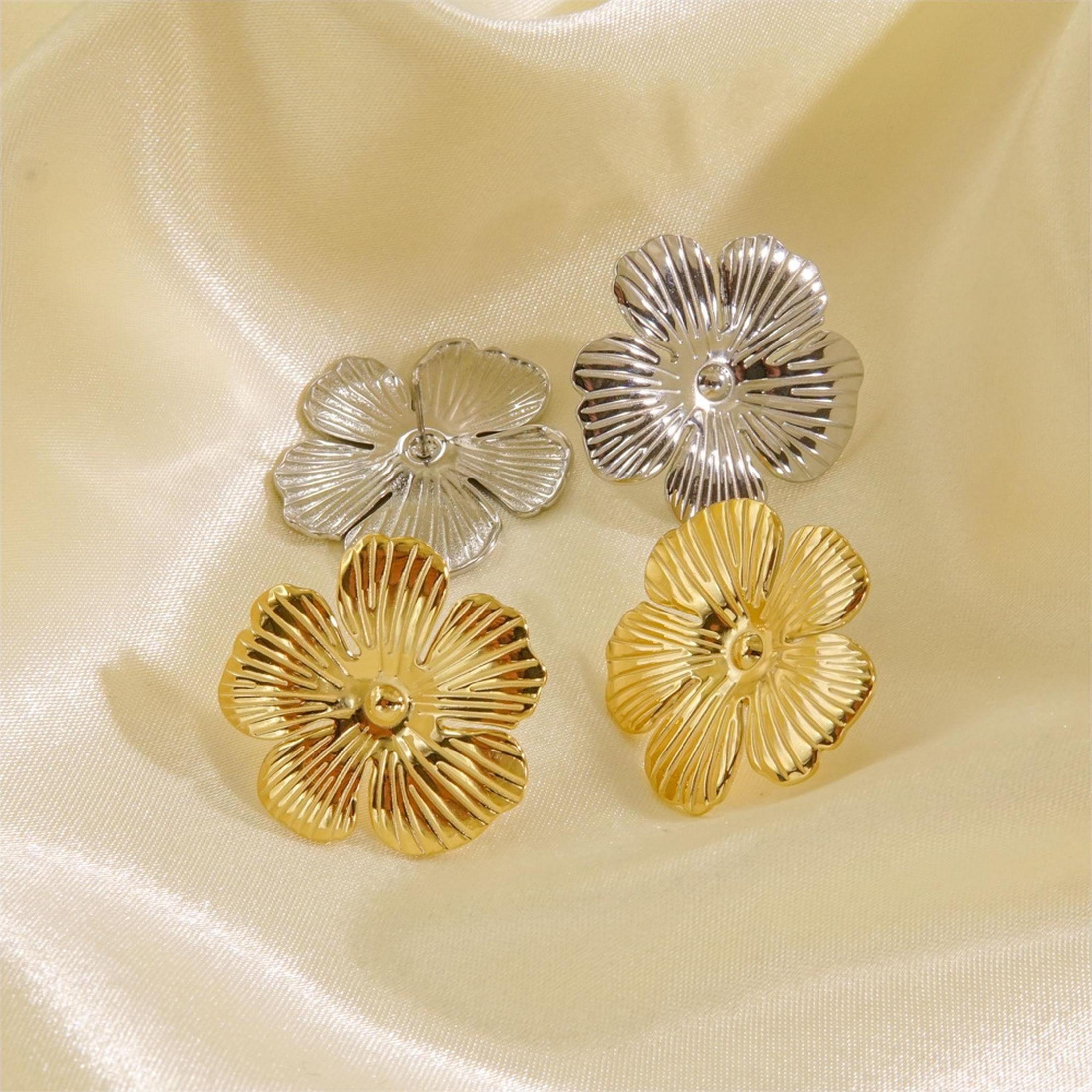 CARLIDANA High Quality Waterproof Stainless Steel Gold Color Chunky Cute Fashion Flower Pearl Petal Stud Earring for Women Girls