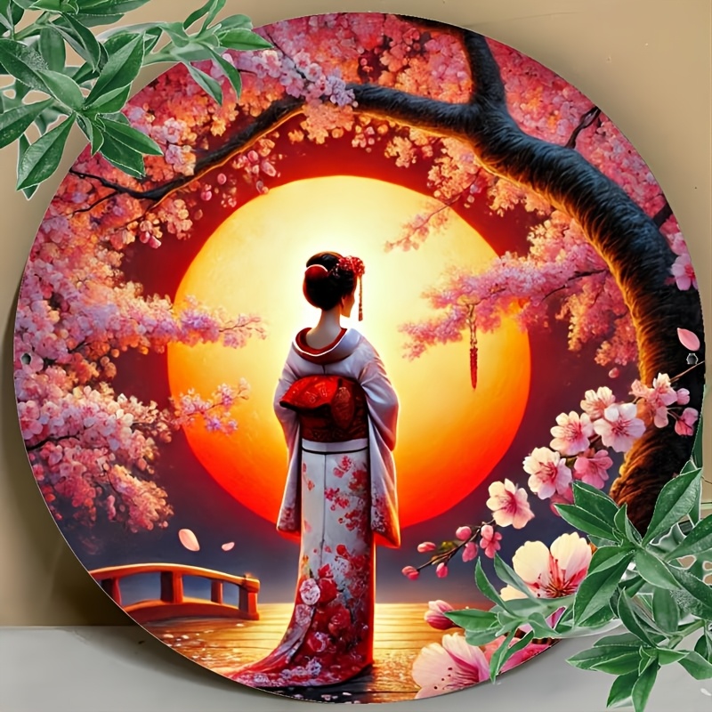 Room Decor 1pc Vintage Japanese Cherry Blossom Aluminum Wall Art, 8x8" Round Metal Sign, Durable, Waterproof