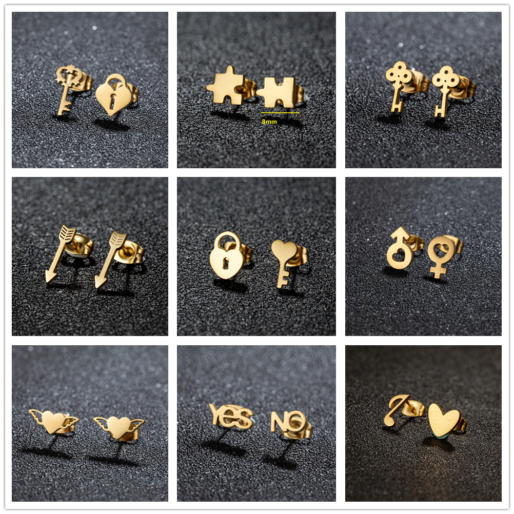Gold Color Stainless Steel Earrings For Women Heart Lock Key Romantic Earrings Wedding Valentine'S Day Jewelry Party
