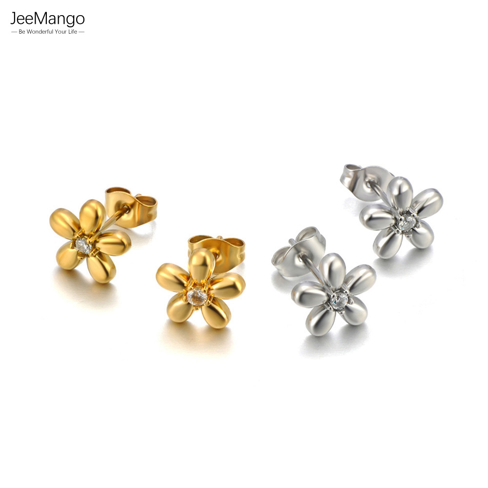 JeeMango Mini Zircon 5 Leaves Flower Earrings Gold Plated Fashion Women's Earrings Stainless Steel Jewelry Accessories E25024