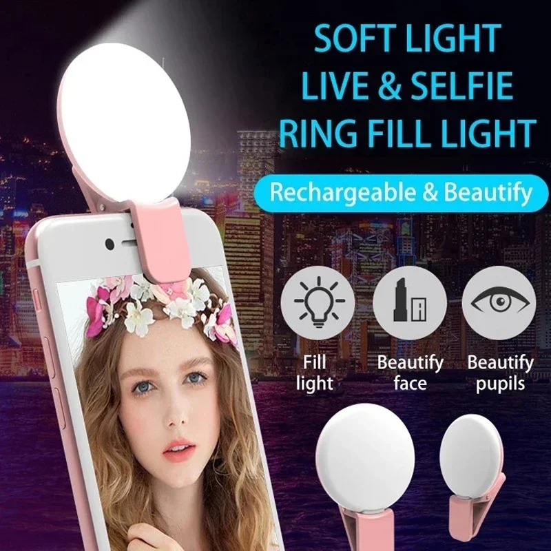 Portable Selfie Ring Light USB Rechargeable Clip-On for Mobile Phone 3 Levels Dimming Beauty Light for Home Use