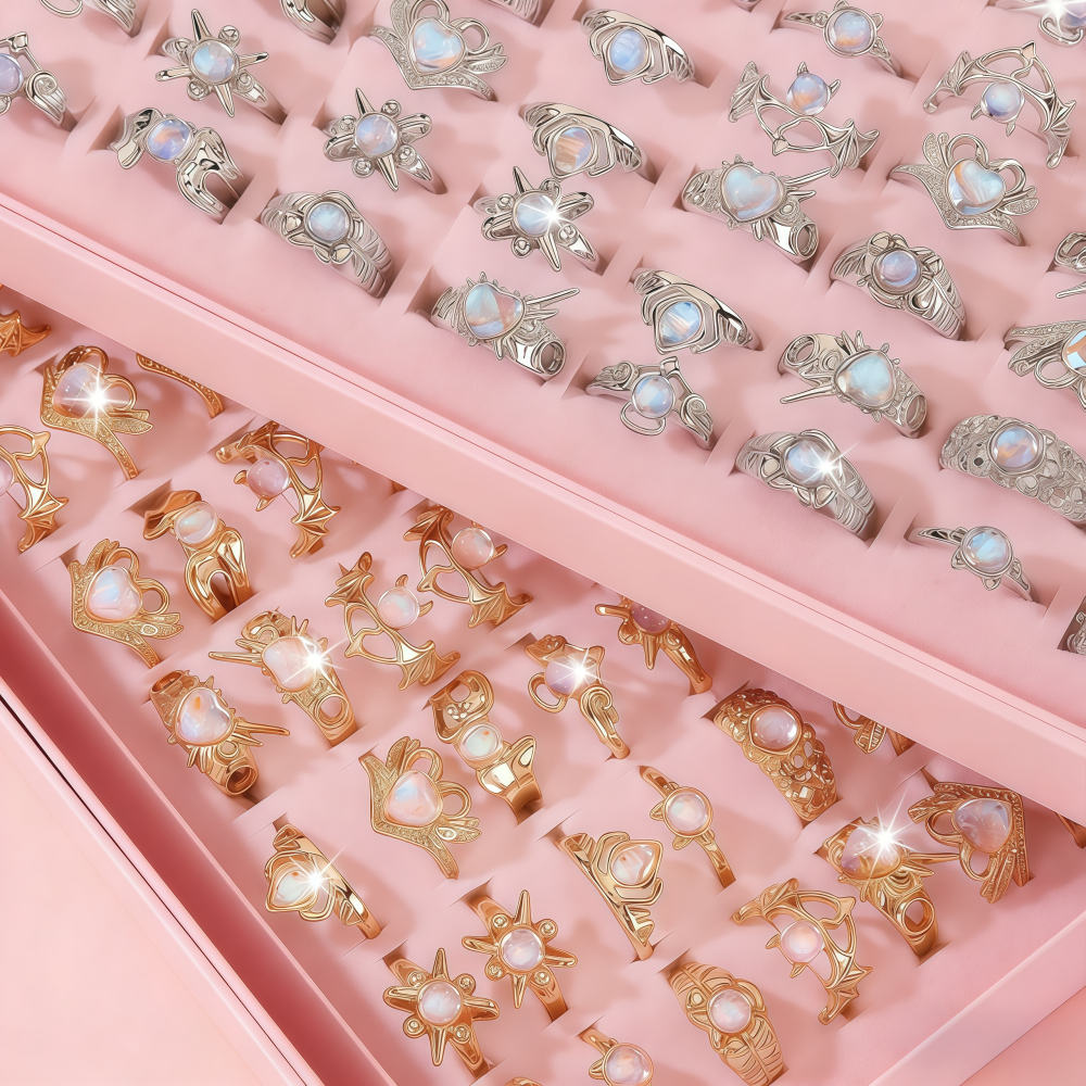 6/8/10/12/24/36Pieces Fashion Heart Love Moonstone Rings Set For Women Mix Style Simple Irregular Daily Party Jewelry