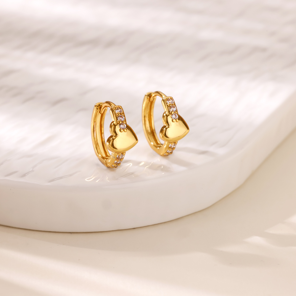 1Pair Sweet Cute Zircon Heart Hoop Earrings For Women Stainless Steel Gold Plated Earrings Wedding Engagement Daily Jewelry