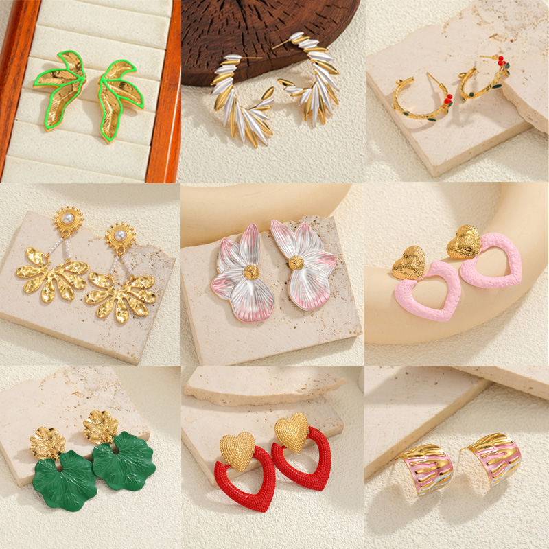 Kissmoon Multiple Styles Enamel Flower Leaf Heart Hoop Stainless Steel Earrings for Women Trendy Daily Party Jewelry