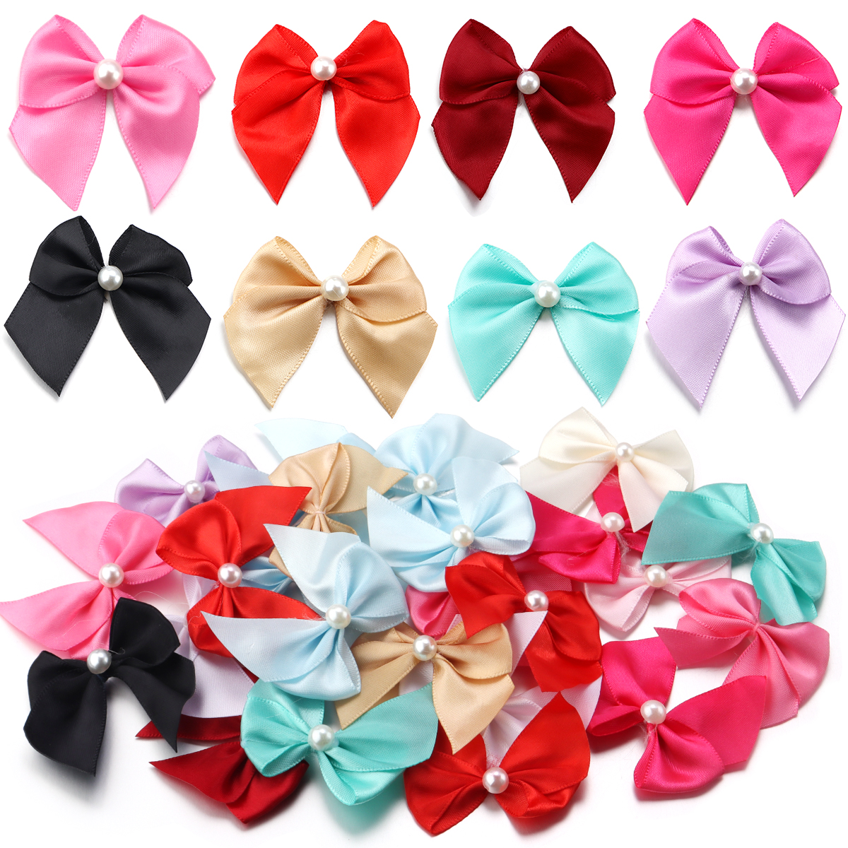 20Pcs/Lot 5.5*6cm Polyester Satin Ribbon Bows With Half Round Bead Handmade For DIY Jewelry Making Party Wedding Decoration