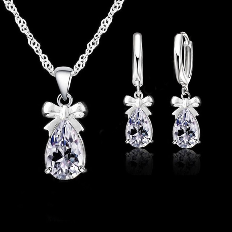New Set Real 925 Sterling Silver Color with White Stone Cubic Zirconia Dangle Earring Pendant Necklace Woman Jewelry Set