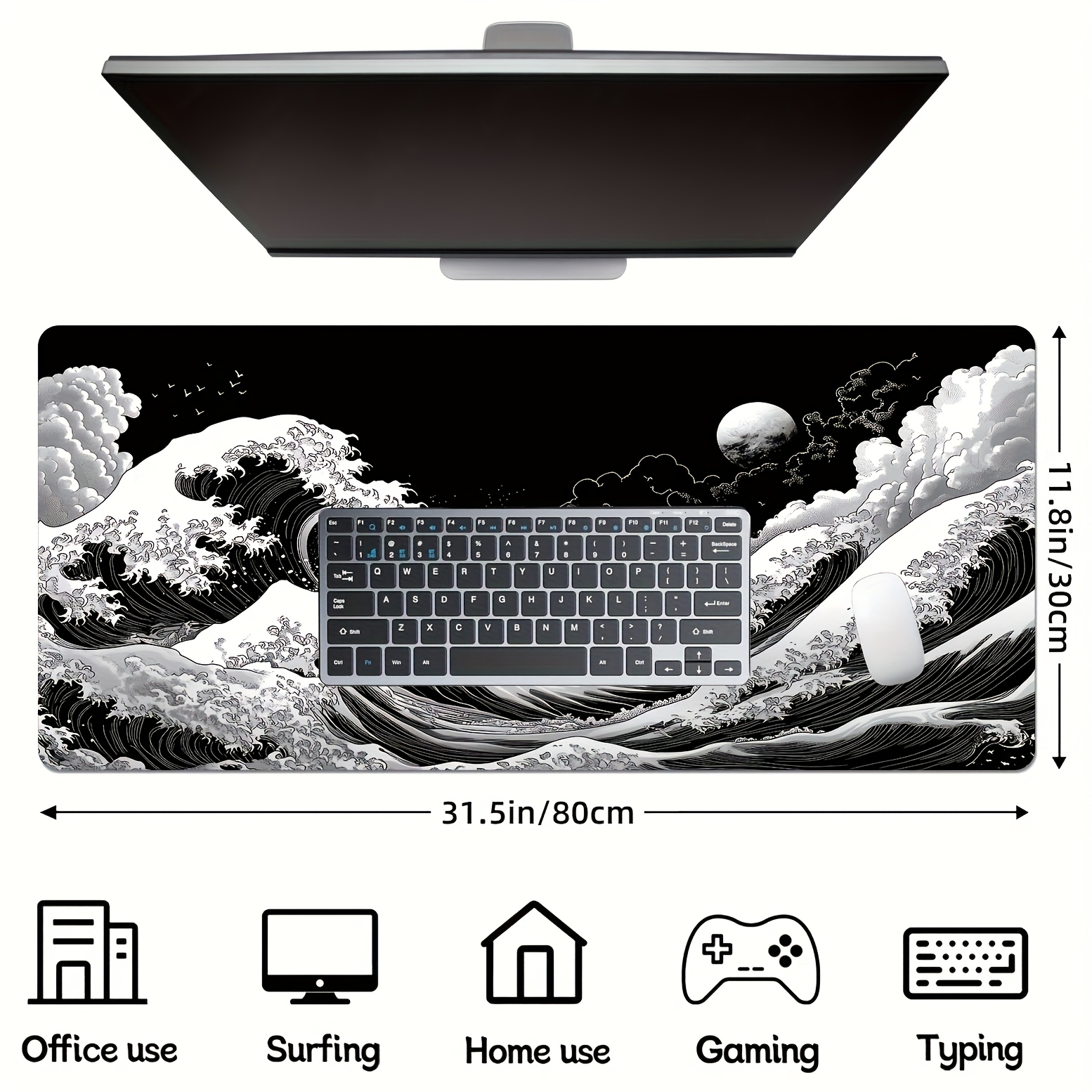 Extra-Large Japanese Black Wave Gaming Mouse Pad - Ergonomic Design, Non-Slip Base, Featuring Artistic Japanese