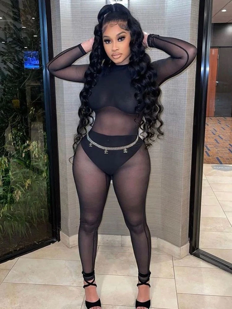 Jumpsuit Women Black Transparent Jumpsuits Elastic Mesh Bodysuits 2024 Summer See Through One Piece Night Club Outfit