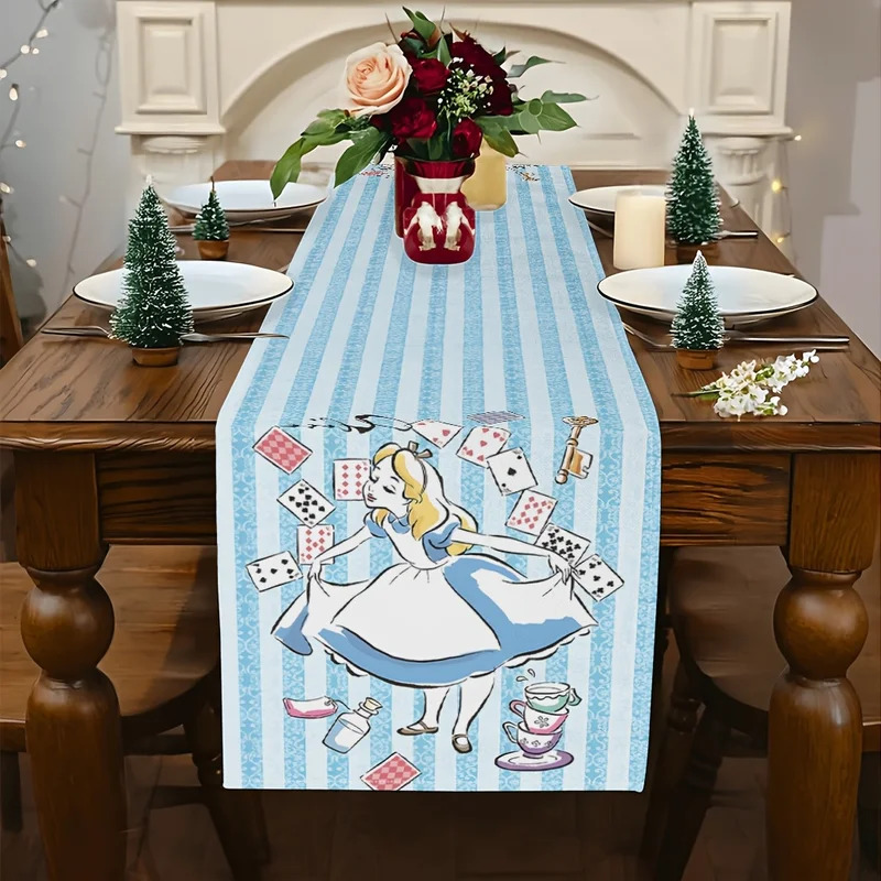 VIKAMA Alice in Wonderland Table Runner, Blue Striped Magical Rabbit & Poker Print Table Runner, for Kitchen Dining Table Party