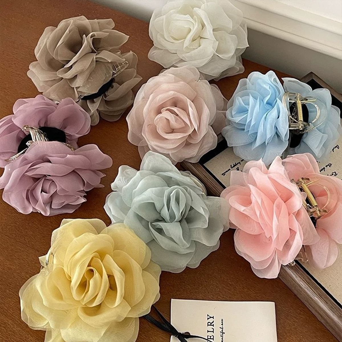 1pc Summer Korean-style gauze flower sweet rose hairpin camellia claw clip bun ponytail elegant hair accessory shark clip