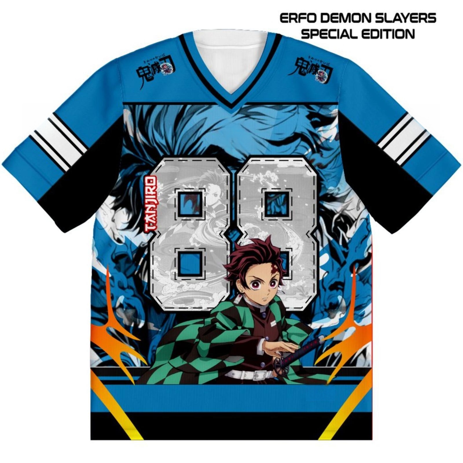 2026 New Bandai Japanese Anime Demon Slayer Tanjiro Kamado 88 V-neck Jersey ERFO Special Edition Blue Black Anime Streetwear