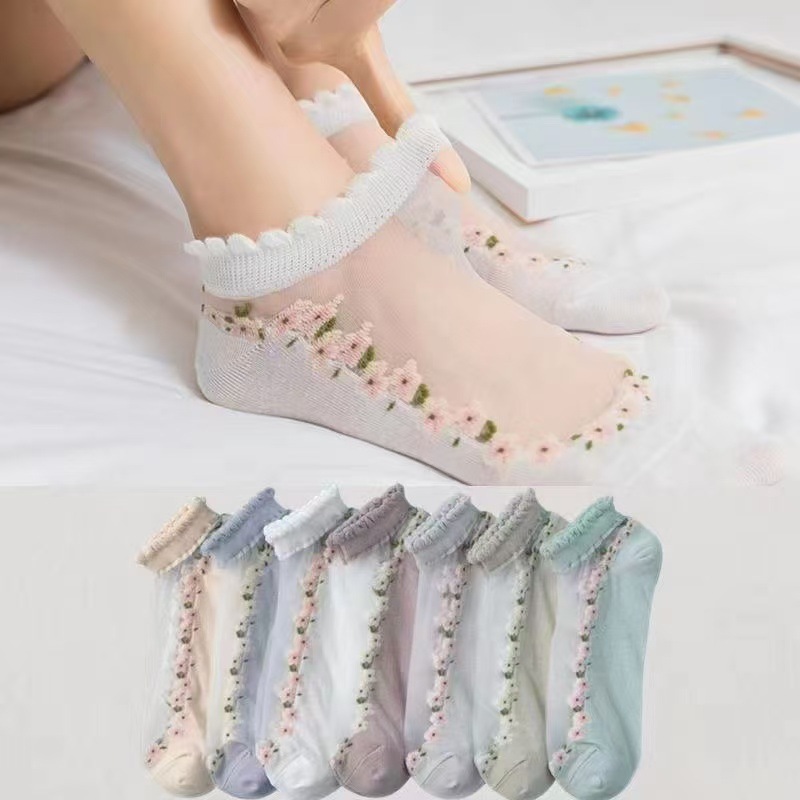 5 Pairs Fashion Women Girls Summer Socks Style Lace Flower Short Sock Antiskid Invisible Ankle Socks New
