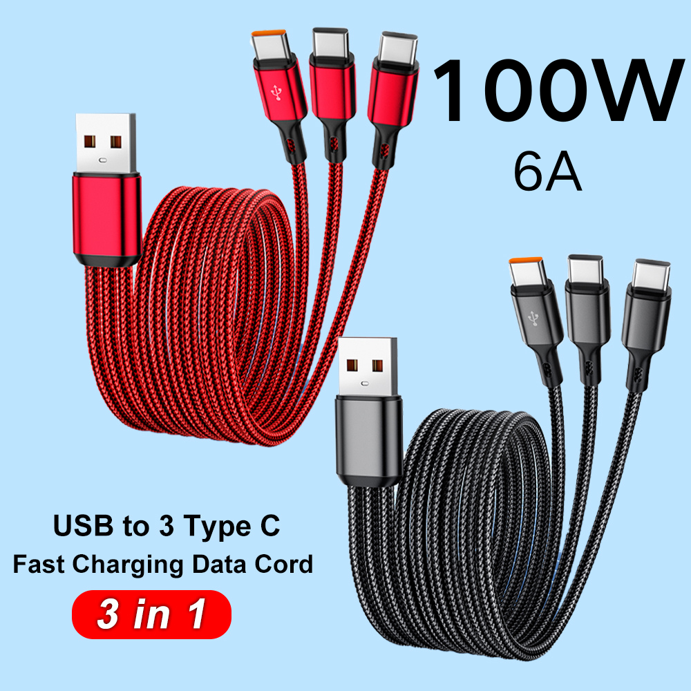 3 In 1 USB To Type C 100W Fast Charging Data Cord USB-C Mobile Phone Charging Wire For Samsung Xiaomi Huawei Quick Charge Cord
