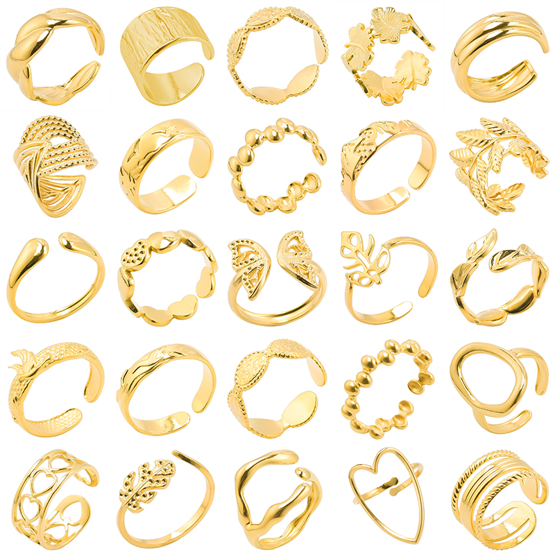 Fashion High Quality Stainless Steel 18k Gold Plated Ring Green Leaf Butterfly Love Hollowing Out Opening Adjustable Rings