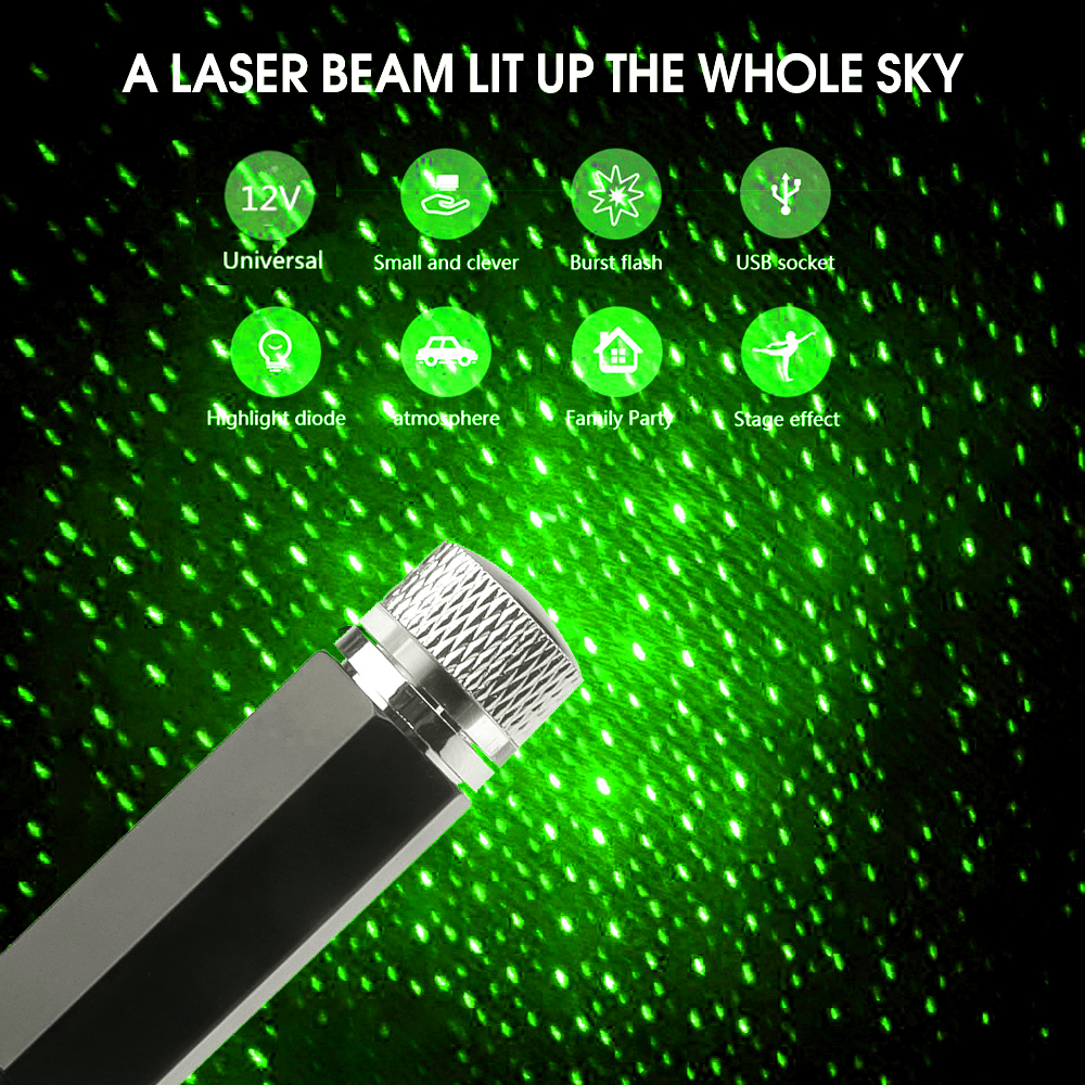 Green LED Starry Lamp Car Roof Star Light Atmosphere Ambient Projector Lights Adjustable Night Lights USB Auto Decoration