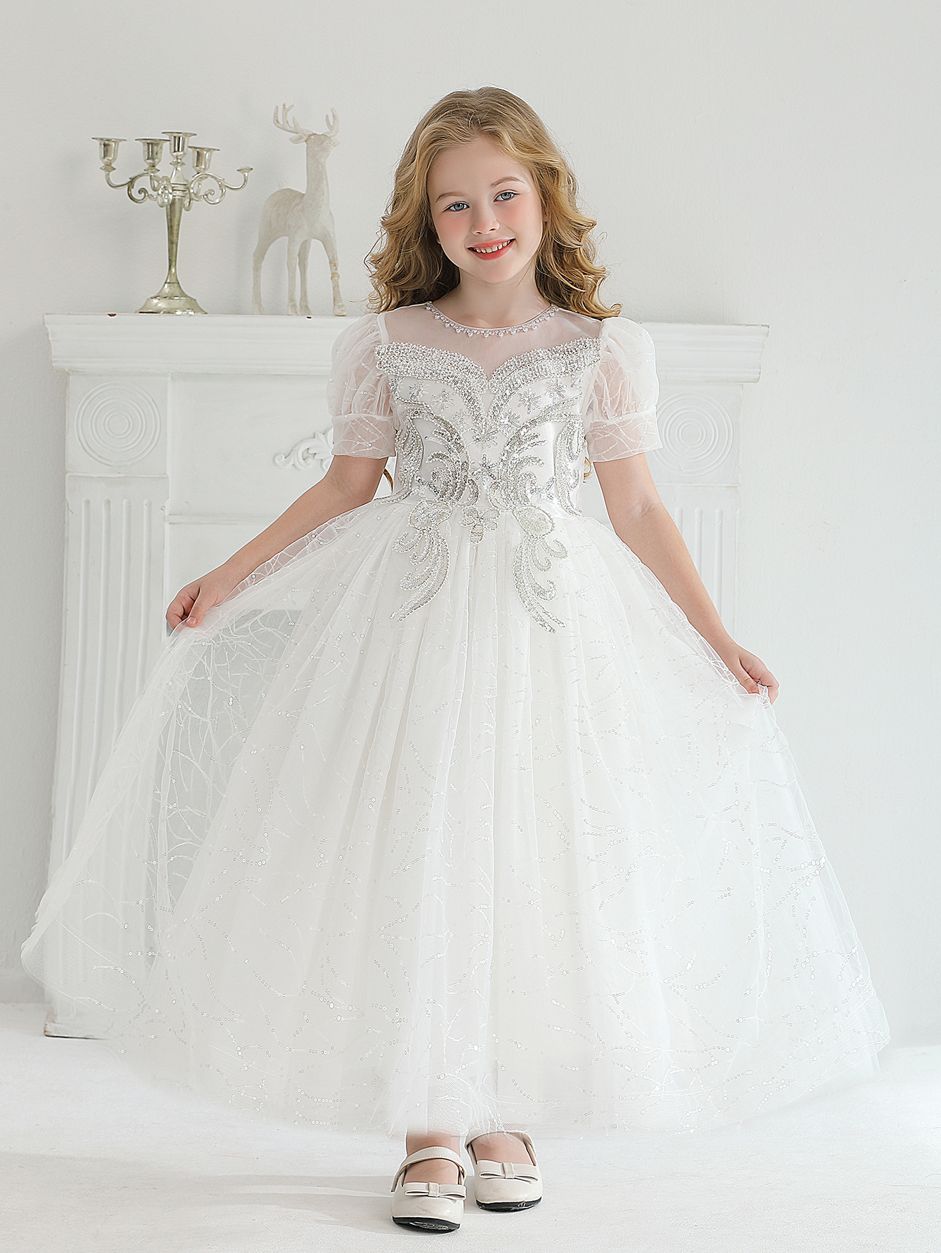 Girl's High-End Embroidered Evening Dress White Flower Girl Fluffy Veil Dress Birthday Party Dress