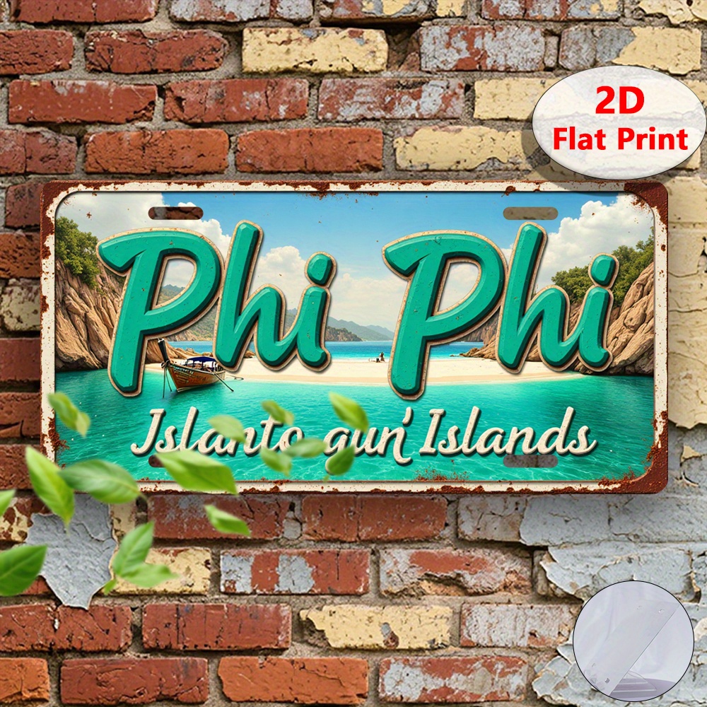 2D Flat Printing,1pc,Vintage Metal Sign,Decorative Plaque & Statues (30x15cm), Islands,"Phi Phi", Thailand, Retro Metal Decor,