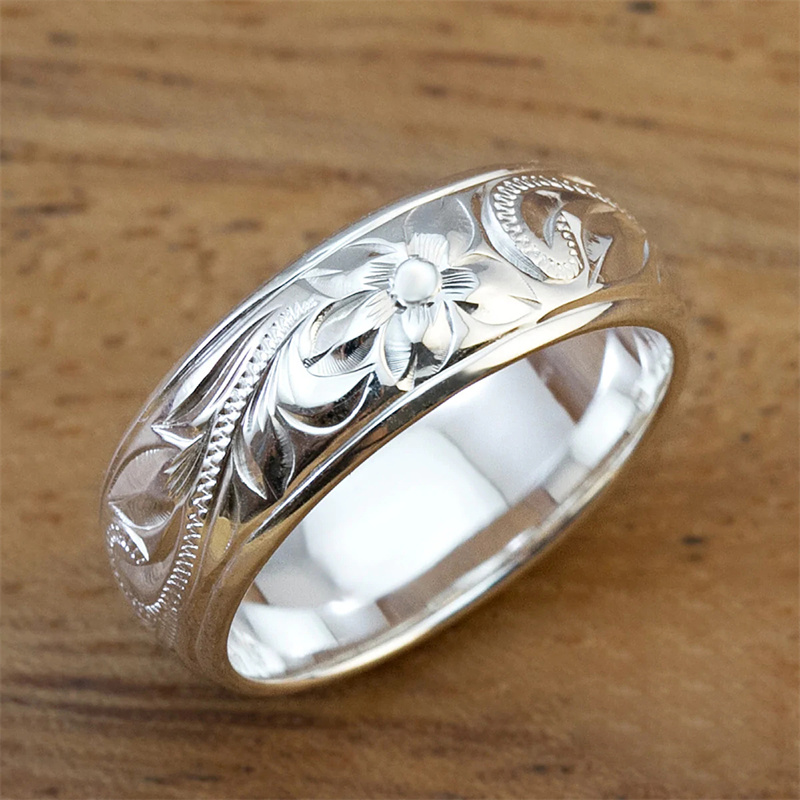 Huitan Delicate Floral Pattern Caved Women Rings Wedding Bands Silver Color Unique for Lady Aesthetic Flower Finger Jewelry