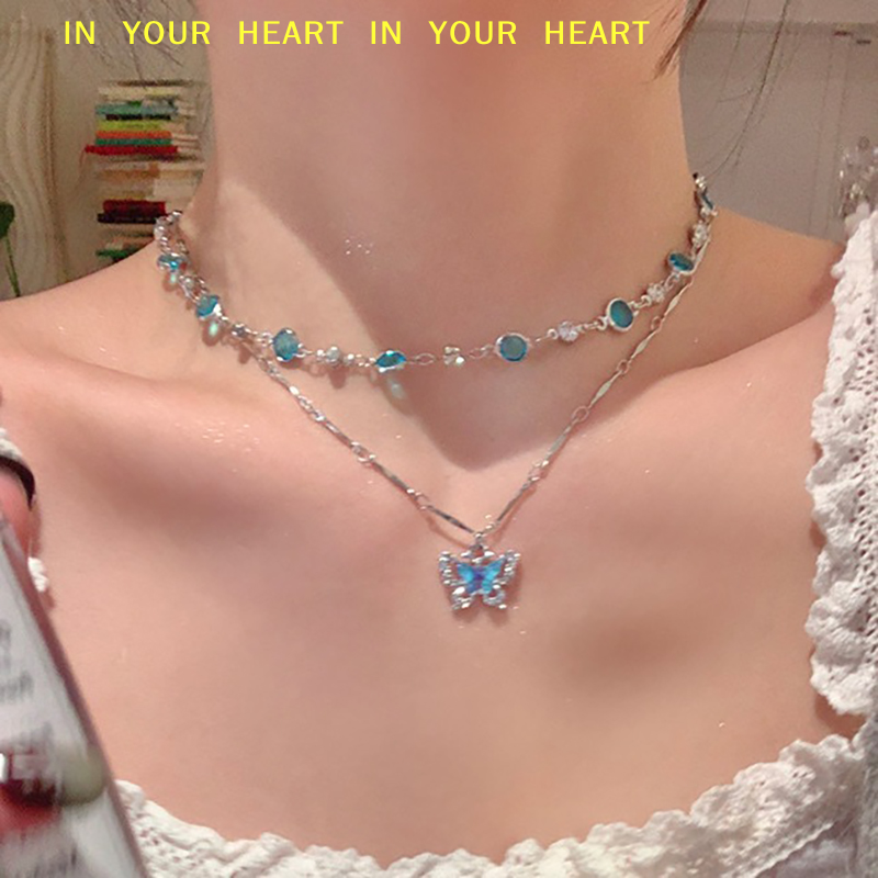 【X】Fashion Romantic Butterfly Necklace For Women Girls Simple Exquisite Shiny Bilayer Clavicle Chain Jewelry Accessories