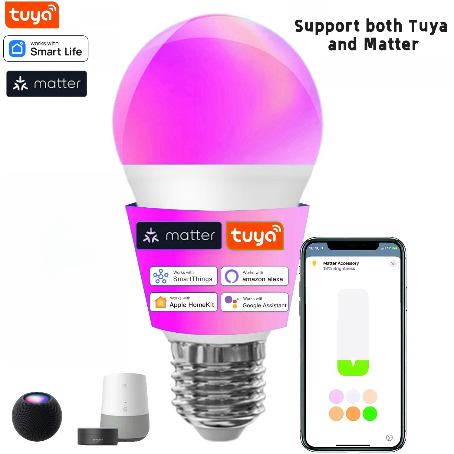 Tuya Matter Smart Light Bulbs E27 2.4G WiFi Color Changing Light Bulbs 9W/800LM,Work with Homekit/Alexa/ Assistant lightify