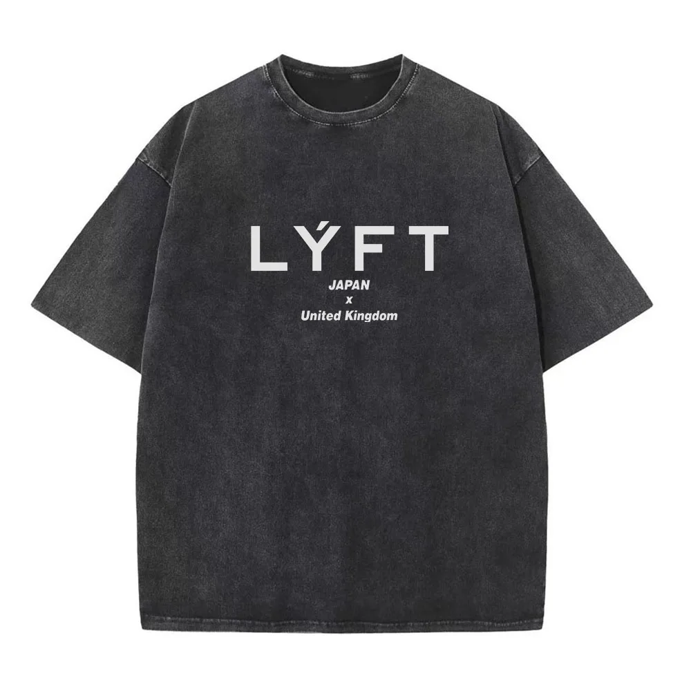 LYFT Washed Classical LOGO 230GSM Cotton Vintage BIG T-SHIRT Men's Oversized Muscle Sports Fitness Tee Tops Gym Training Shirts