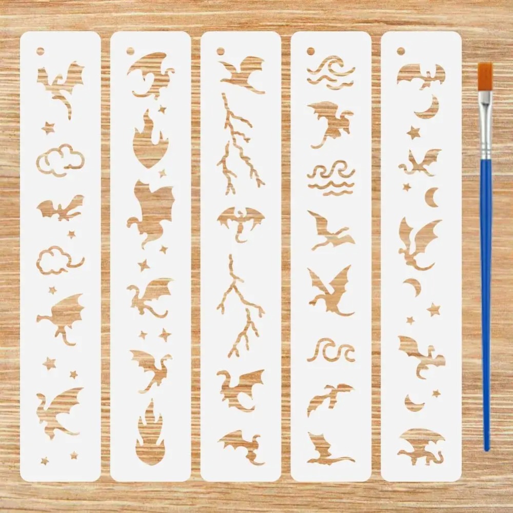 5PCS Dragon Flame Painting Stencils with Brush 2x11inch Plastic PET Flying Dragon Drawing Template Hollowed Flame Cloud