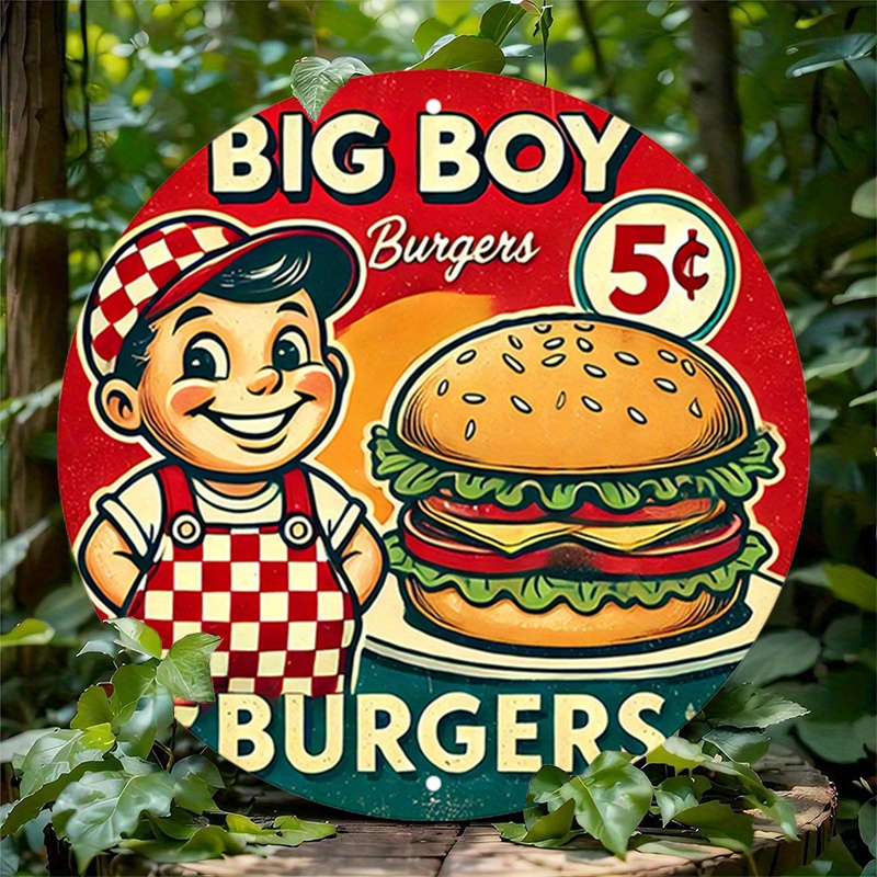 1pc Vintage Metal Sign Big Boy Burgers Aluminum Round Poster - Classic Diner Imagery with Retro Look, Wall Art for Bars, Cafes,