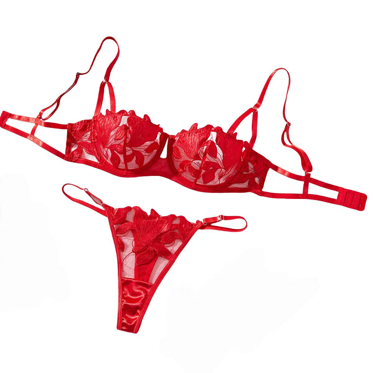 Floral Embroidery Lingerie Set Women Transparent Bralette Underwire Push Up Bra Panty 2 Piece Set
