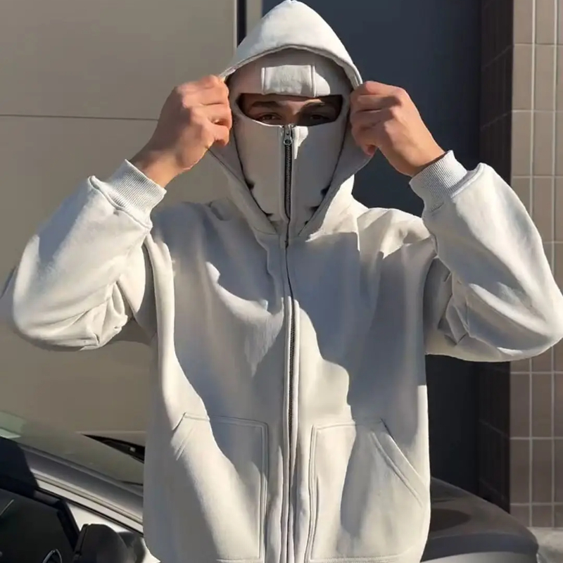 American Style Winter Solid Color Simple Zipper Fake Two-Piece Tops Trendy Men Women's Double Hat Design Loose Hooded Sweatshirt