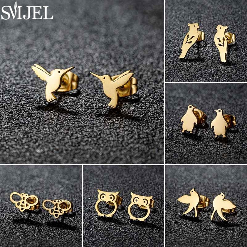 Vintage Stainless Steel Birds Stud Earrings Cute Mini Animal Ear Studs for Women Hummingbird Owl Bee Earings Girls School