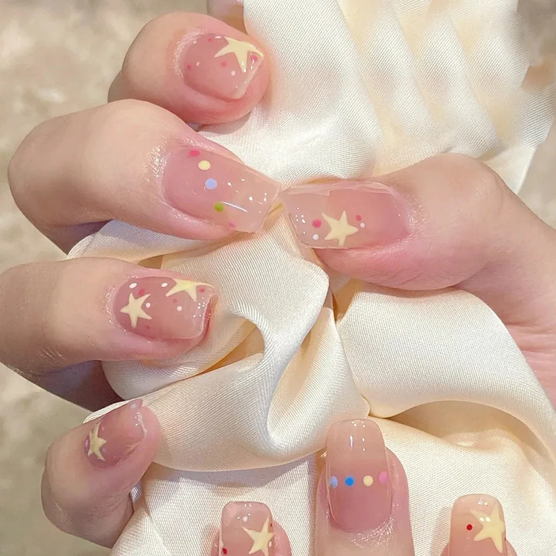 24PCS/set Pink Polka Dot Star Press on Nails Art Tip Full Coverage Gentle Sweet Childish Fun Air Soft Armor Removable Fake Nails