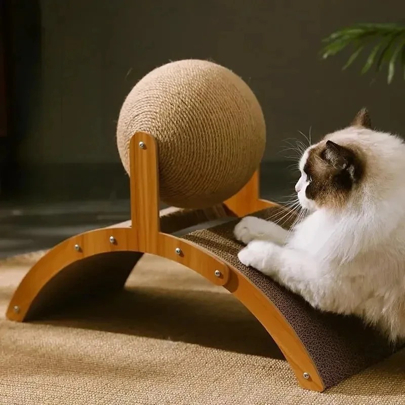 2 In 1 Cat Scratching Ball Wooden Cat Scratcher Natural Sisal Scratch Board Scratching Column Wear-Resistant Paw Wood Scraper