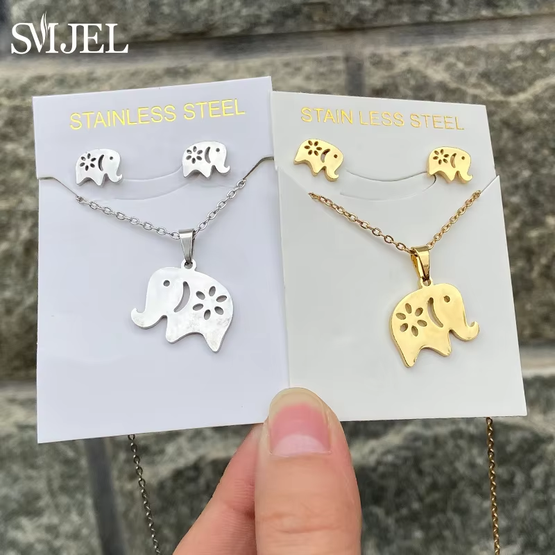 2025 Vintage Elephant Stainless Steel Necklace Pendant for Women Golden Jewelry Set Cute Animal Small Earrings Wholesale