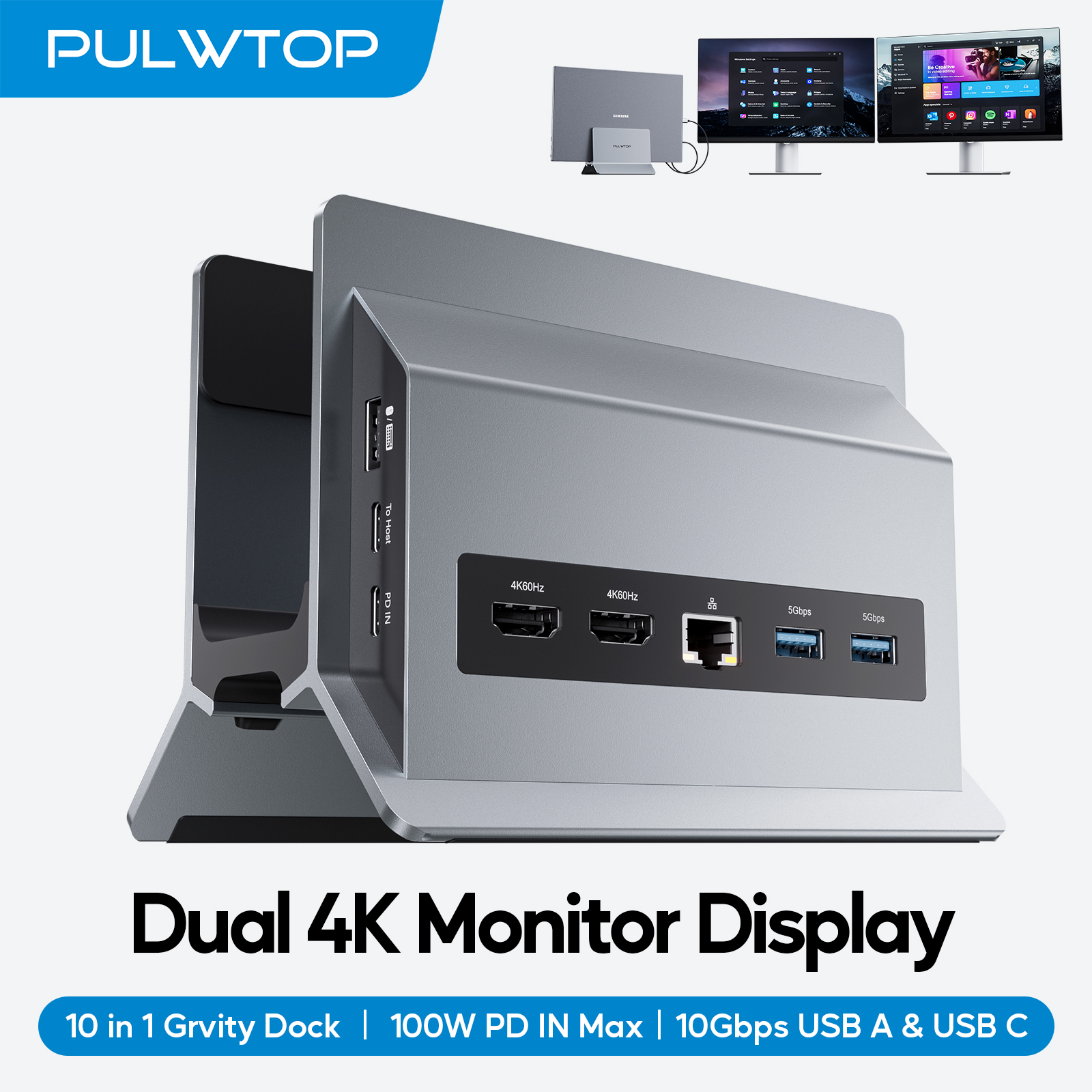 PULWTOP USB-C Docking Station for Type-C Laptops with Dual HDMI 4K@60Hz, 10Gbps USB-A/C, Ethernet, USB 2.0, PD3.0 Charging
