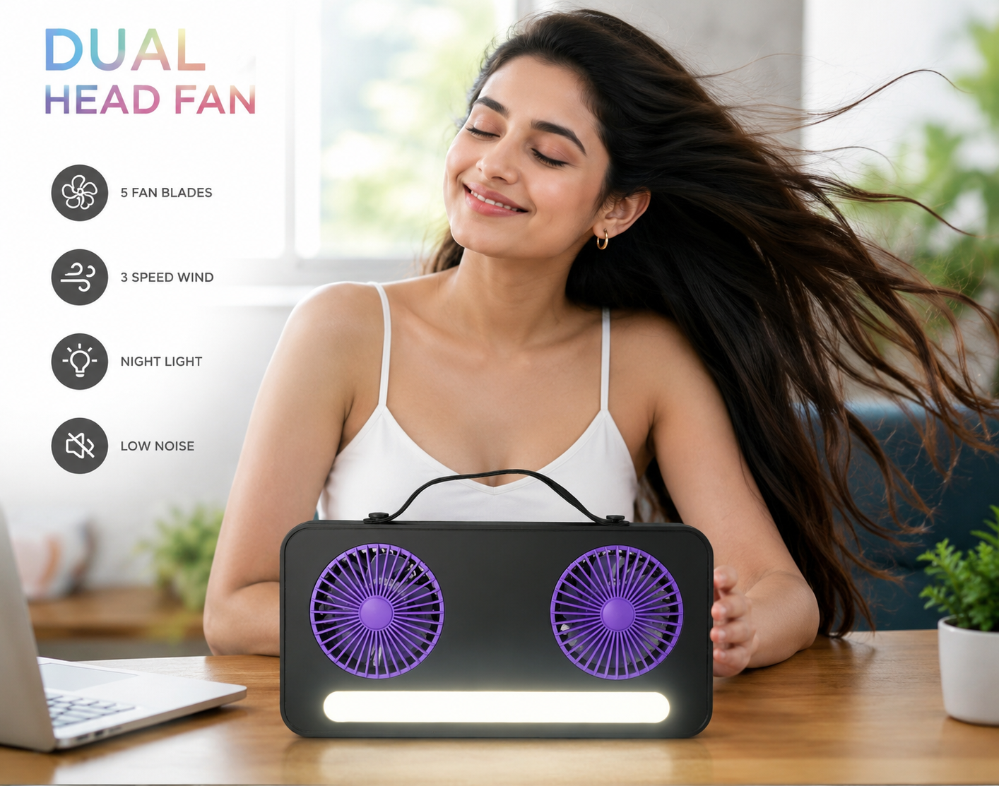 Dual Head Rechargeable Desktop Fan with LED Night Light - Portable 3-Speed USB Cooling Fan, Low Noise Design