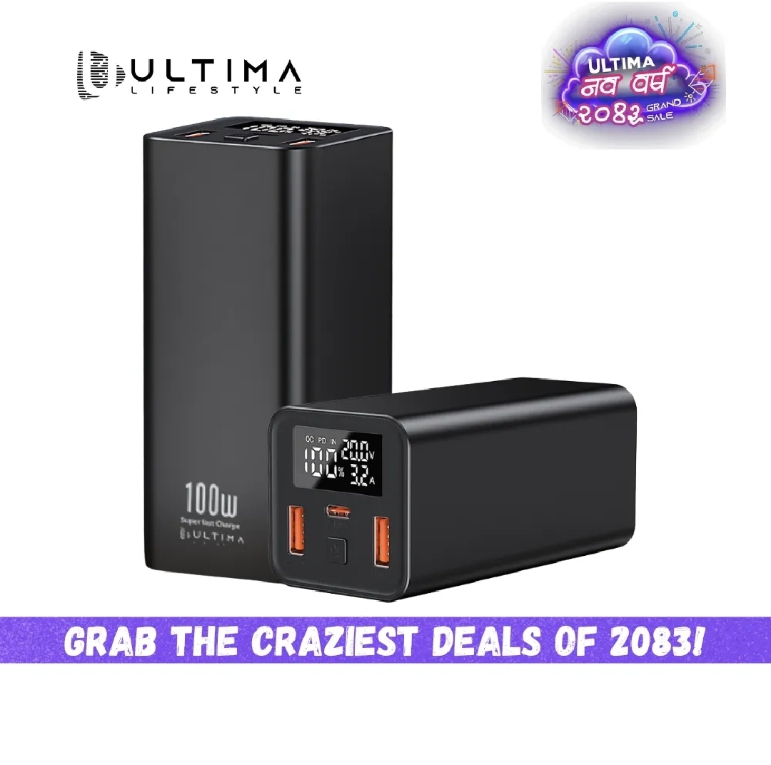 (New Launch) Ultima 20K Ultra Max | 100W Power Delivery | 20000 mAh | Fast Charging Full Metal Body | Multi Layers Fire Protection | LED Display | Triple Ports | Supports PD, QC3.0, Universal Compatibility | 2 Way Charging | ChargeSafe Technology Power