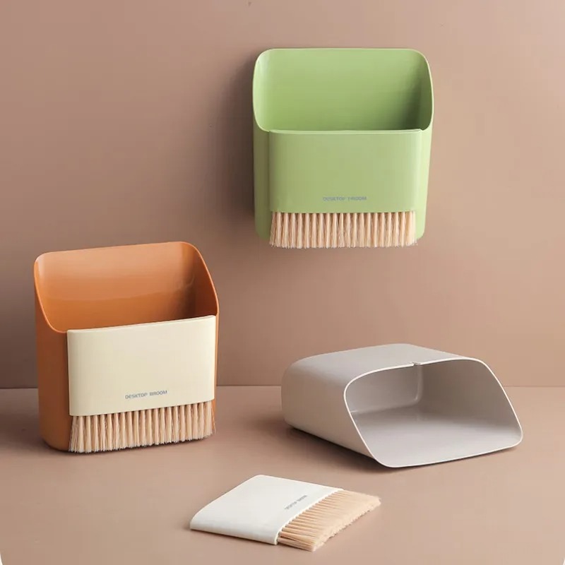 3in1 Wall Mounted Desktop Broom Trash Can Set Mini Cleaning Brush Storage Combo for Home Office Kitchen Wall Mounted Dustpan