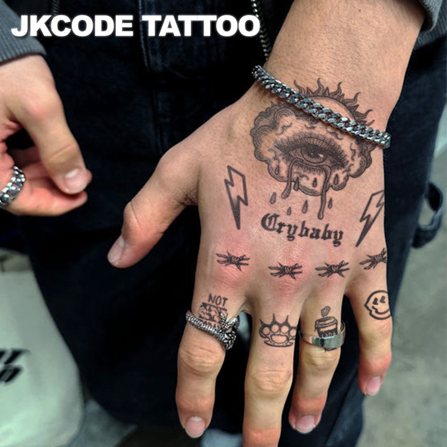 Herbal Men's Hand Tattoo in Retro Rock Style - Graffiti Thunderstorm Cloud - Lightning Coffee Cup Cat Paw Pattern, Dual-Use for Men and Women, Quirky and Cute Tattoo, Cool Rock Knight Style, Temporary Tattoo for Men's Arms and Legs, Waterproof and Long...
